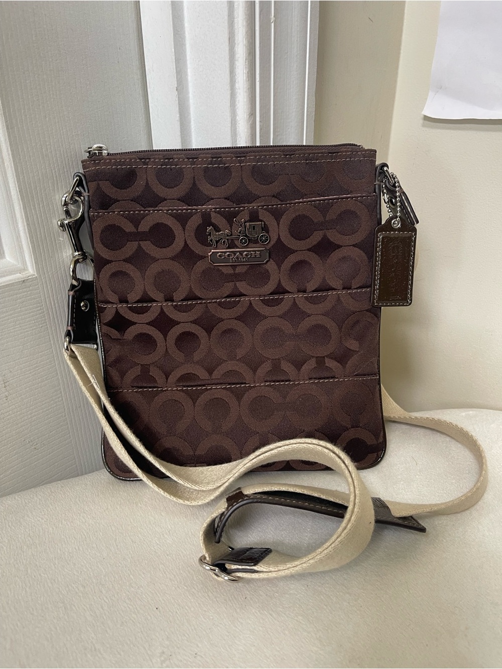 Coach Brown Signature crossbody with Cream Contrast Strap